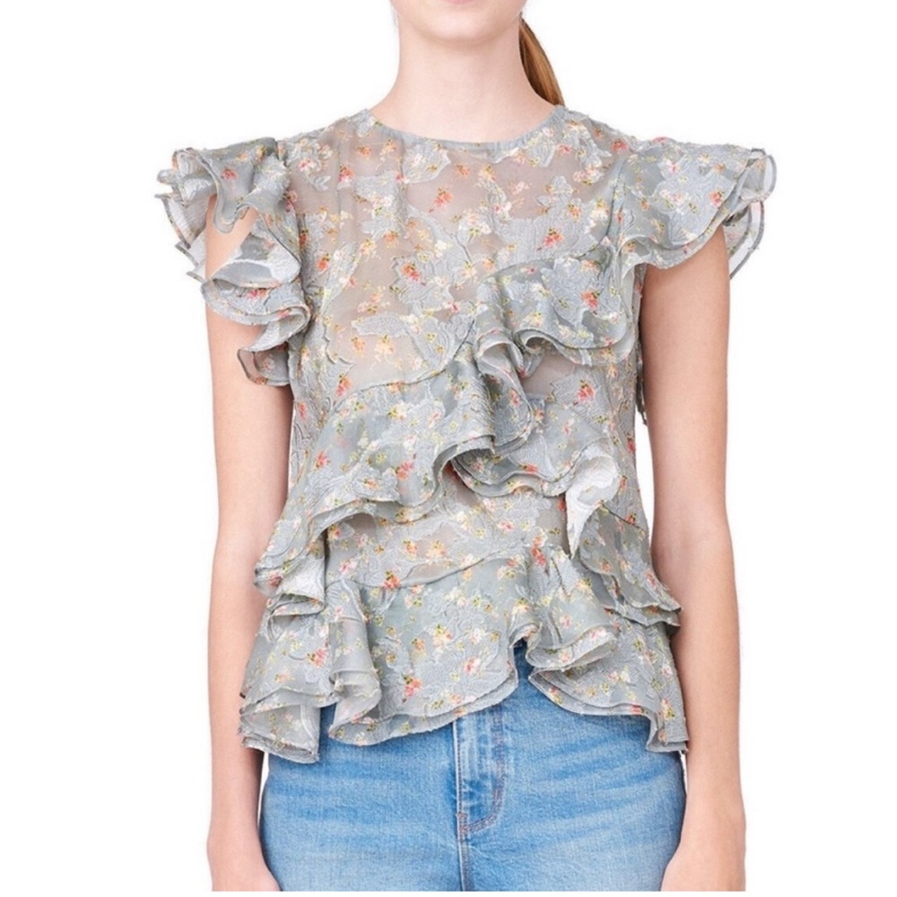 Rebecca Taylor Serra Ruffle Floral Mint Blouse Size 0